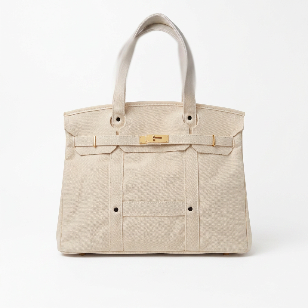 The canvas tote closed, showing the raw edge hem flap and gold clasp