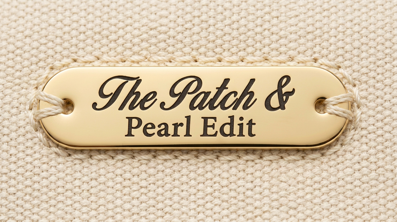 Gold mirror tag reading The Patch & Pearl Edit, hand stitched onto the raw edge hem flap