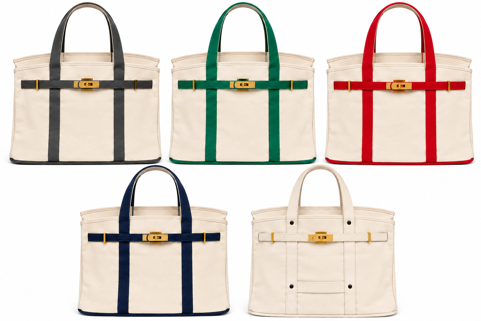 The five strap colourways of the canvas tote — grey, green, red, navy and off-white